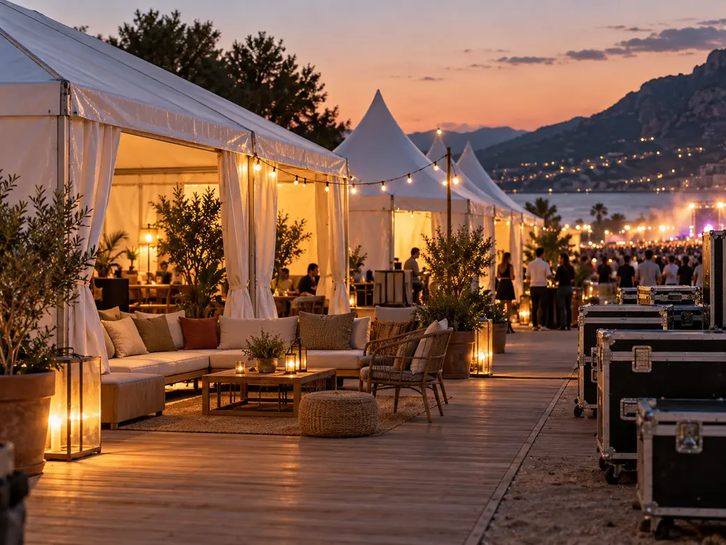 Area hospitality e backstage di un festival sotto tendostrutture bianche