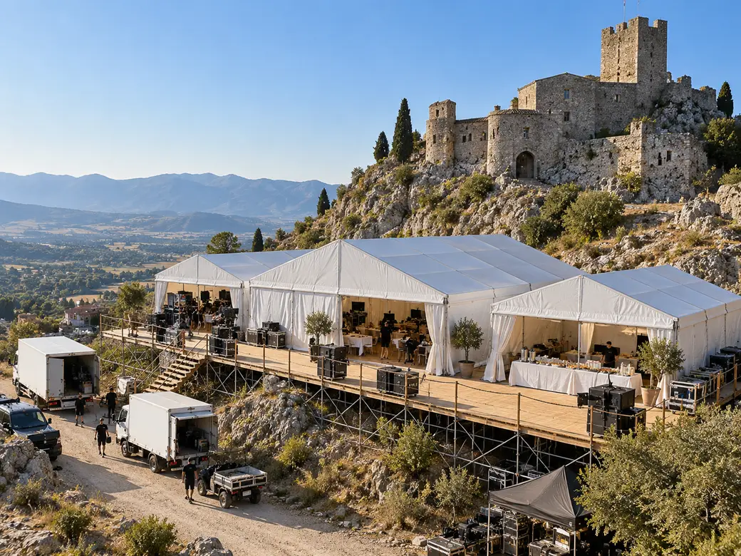 Tendostrutture su una pedana accanto a un set cinematografico
